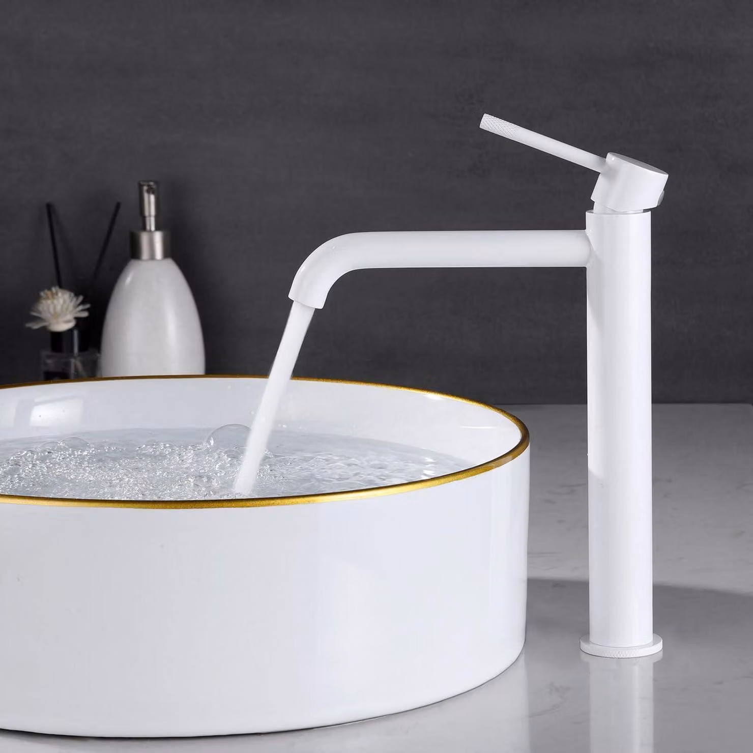 Miscelatore monocomando alto, colore bianco, per lavabo da appoggio, in acciaio inossidabile, modello PTMP24W