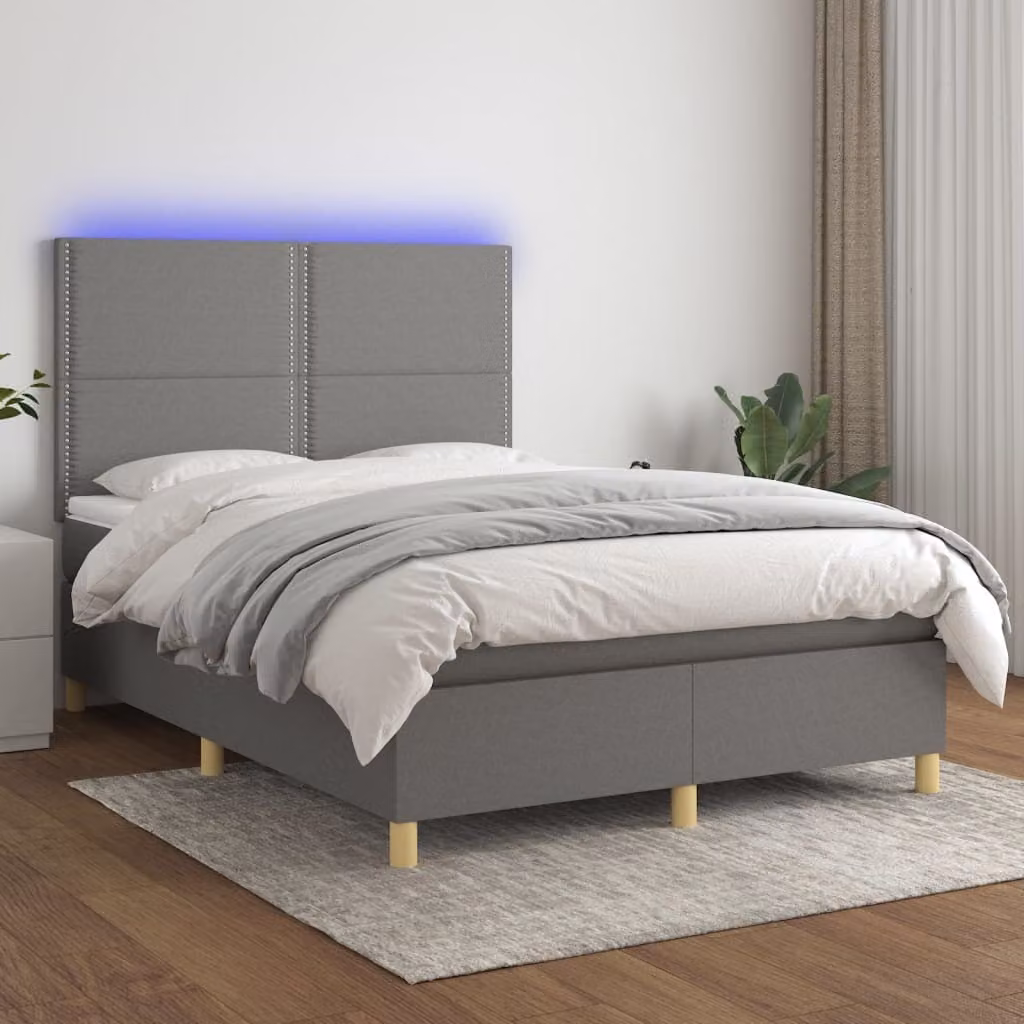 The Living Store Letto a molle con materasso e LED in tessuto grigio scuro 140x200 cm