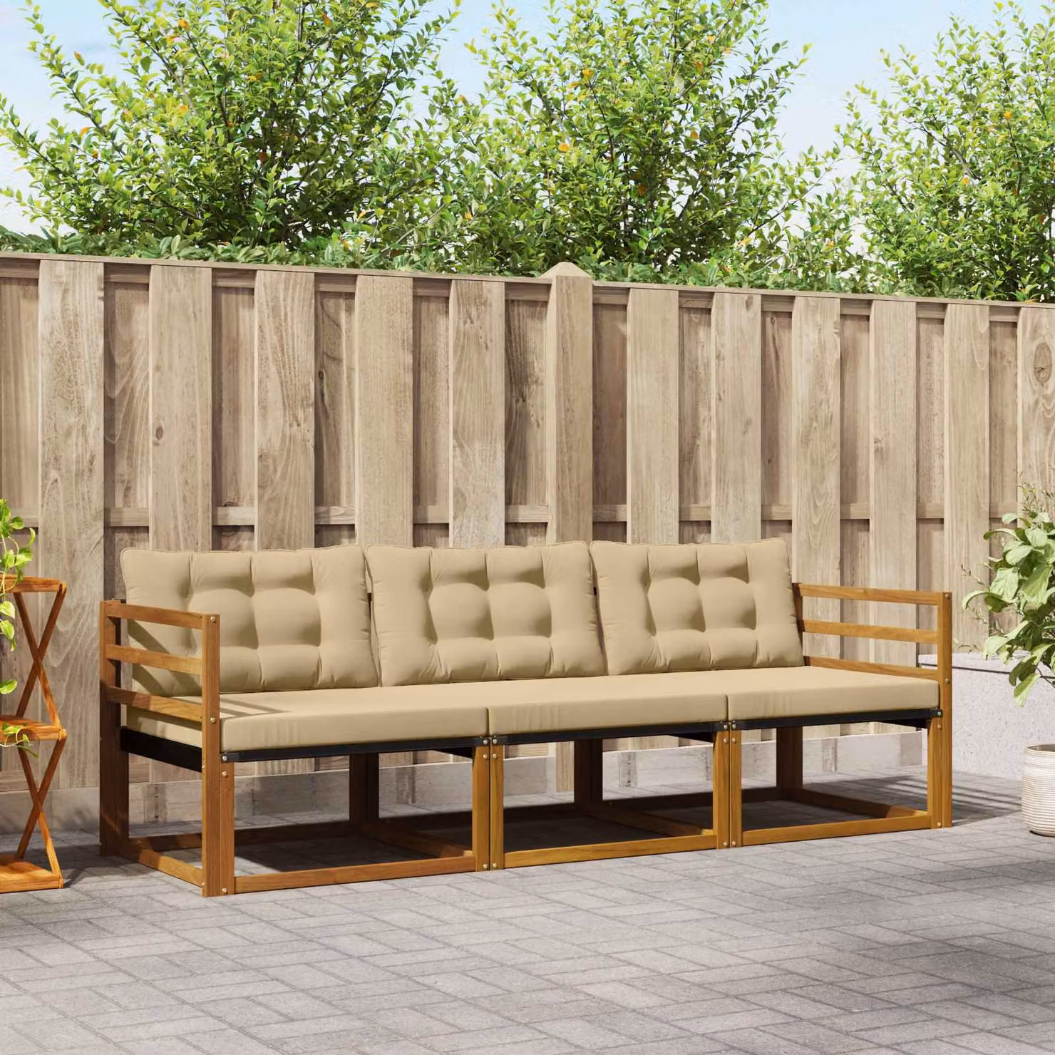 Set di divani da esterno vidaXL in legno di acacia e textilene, colore beige, 3 pezzi con cuscini inclusi