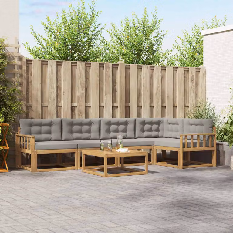 Set di divani da esterno a L vidaXL in legno di acacia con tavolo da caffè, 6 pezzi, Bianco, Grigio e Marrone