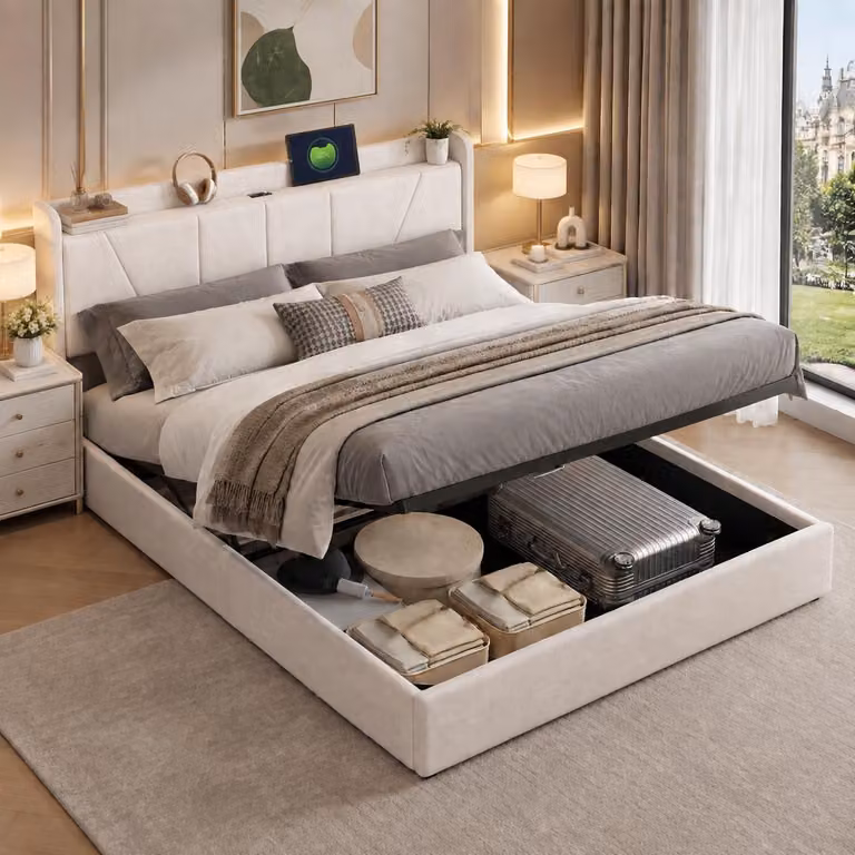 INONEFT, Letto idraulico 140 x 200 cm, letto imbottito con USB e spazio contenitore sotto il letto, letto matrimoniale con rete a doghe, tessuto in lino, color beige, senza materasso