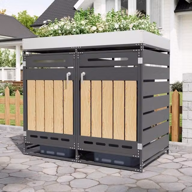 Copribidoni a 2 scomparti con fioriera integrata e fessure di ventilazione in ferro di colore nero 131 × 79 × 120 cm