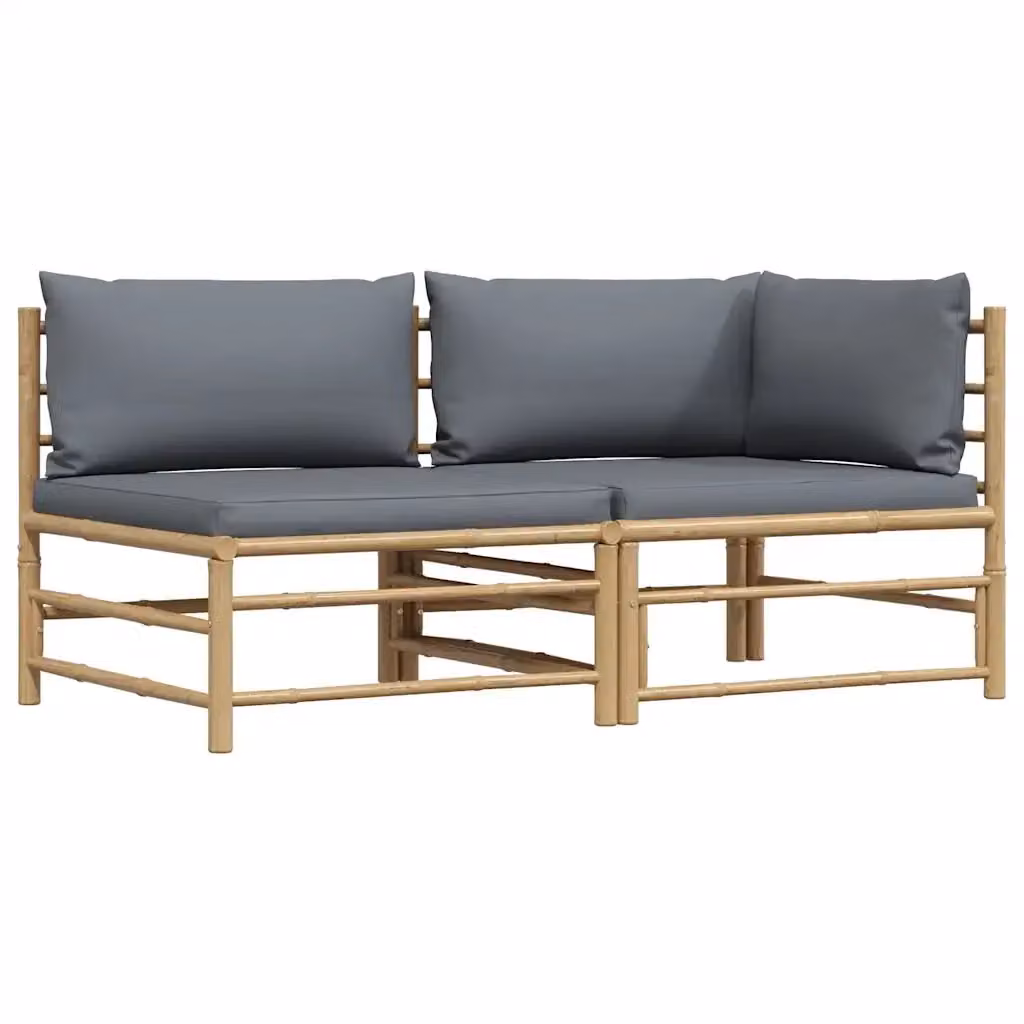 Set di Divani da Giardino a L in Bambu con Cuscini Grigio Scuro e Tessuto Resistente alle Intemperie – 2