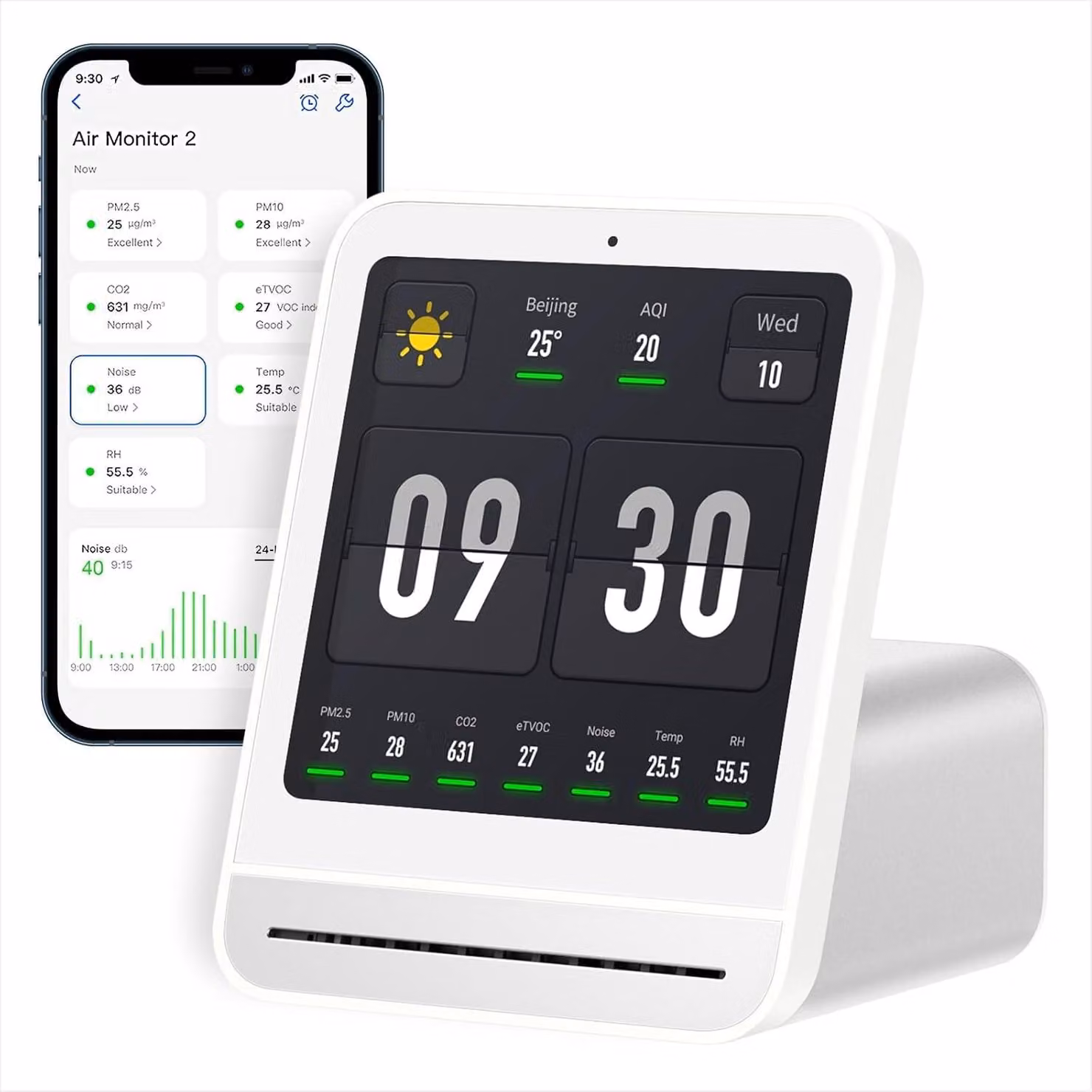 Misuratore della qualità dell'aria per interni: PM2.5, CO2, PM10, livello di rumore e controllo del clima, con display touchscreen