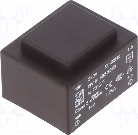 1 trasformatore: rivestito, 18V, 1,2VA, 230VAC, 67mA. Montaggio: BV EI 302 2863 - Trasformatore