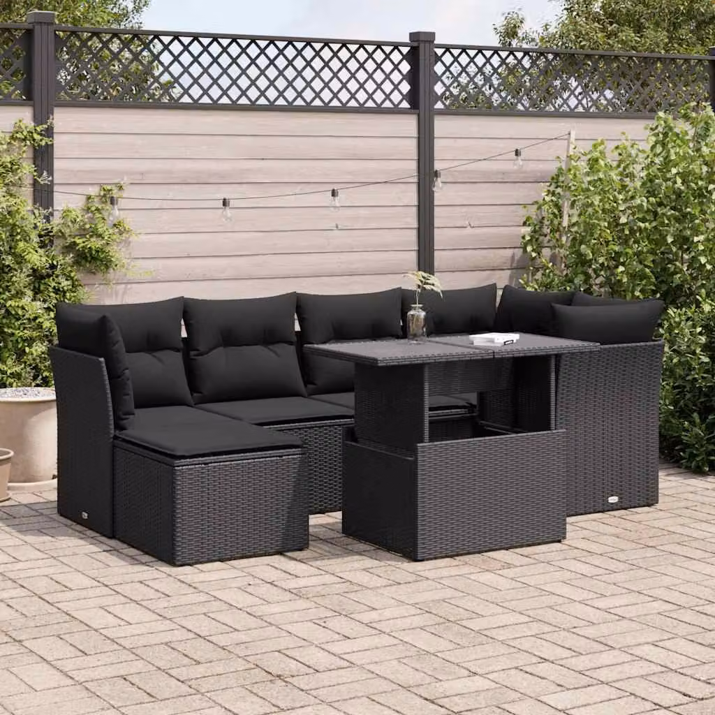 Set Divani da Giardino vidaXL a L con Cuscini e Tavolino, 7 Pezzi, Nero