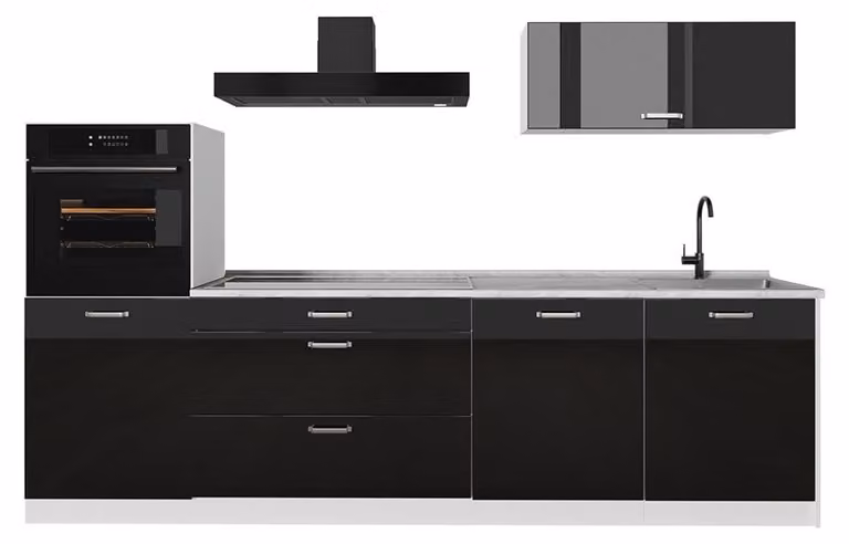 Cucina componibile Vicco R-Line Nero lucido/Bianco 280 cm piano di lavoro Marmo, Model 66503