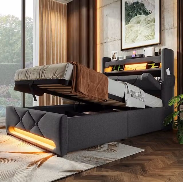 Letto singolo contenitore 90x200 cm con LED; USB e USB C; tessuto in lino grigio