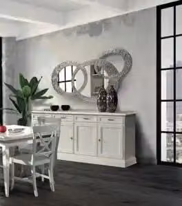 Credenza madia buffet in legno Shabby chic mod Martini bianca anticato 4 ante con maniglie infinito argento anticato