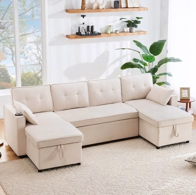 Divano letto a U 4 posti 270x130 cm beige con contenitore HOMVRA