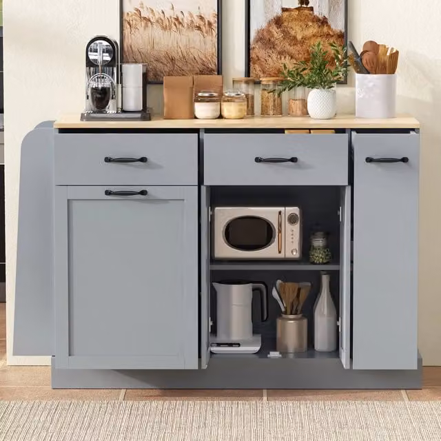 Credenza da cucina con vano per contenitore rifiuti e ripiani aperti in MDF grigio 133.5 × 40 × 86 cm