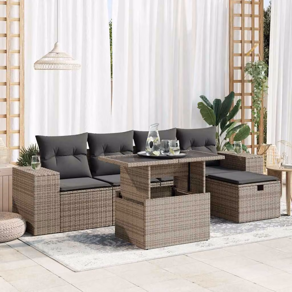 Set Divano da Giardino vidaXL 6 pz in Polyrattan Grigio con Cuscini e Tavolino da Esterno a Forma di L
