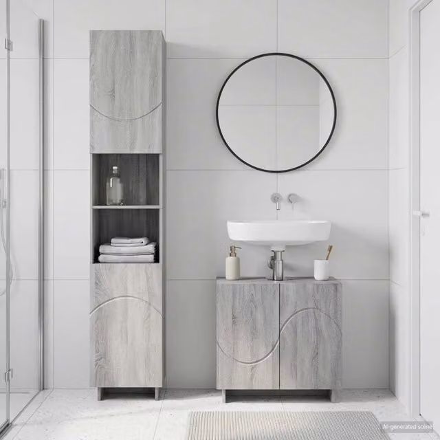 Set mobili da bagno moderno vidaXL composto da mobile sottolavabo e colonna alta in legno MDF grigio opaco L/P/H: 60 x 41 x 82 cm e H 180 x L 41 x P 41 cm