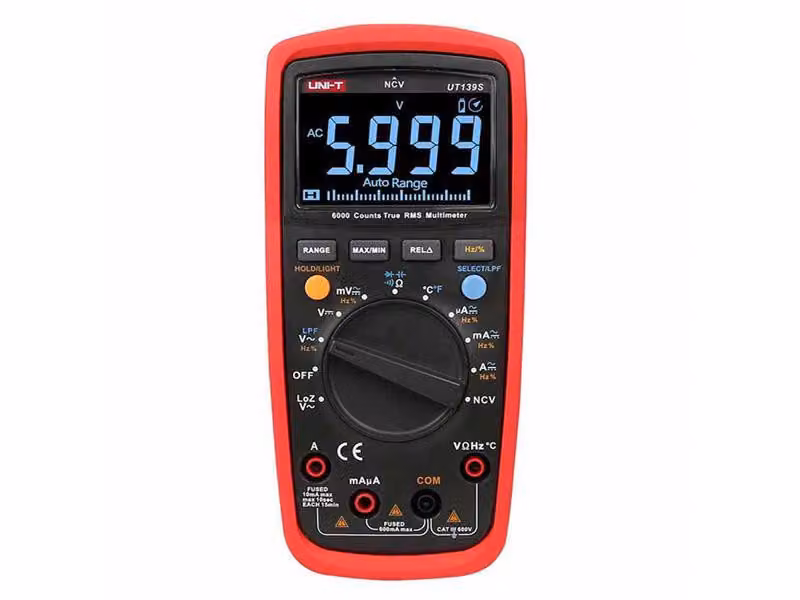Multimetro UNI-T UT139S, misurazione RMS accurata, rilevamento tensione AC/DC senza contatto (NCV), display EBTN, dimensioni 170x80x48 mm, categoria III, 600V