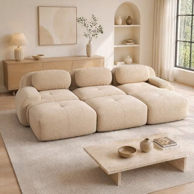Divano modulare 3 posti 298x178x70 cm in tessuto beige, senza montaggio, per soggiorno –