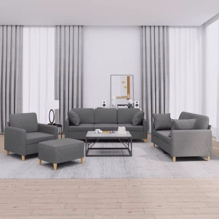 vidaXL Set di Divani Moderno 4 Pezzi in Tessuto Grigio con Cuscini e Pouf