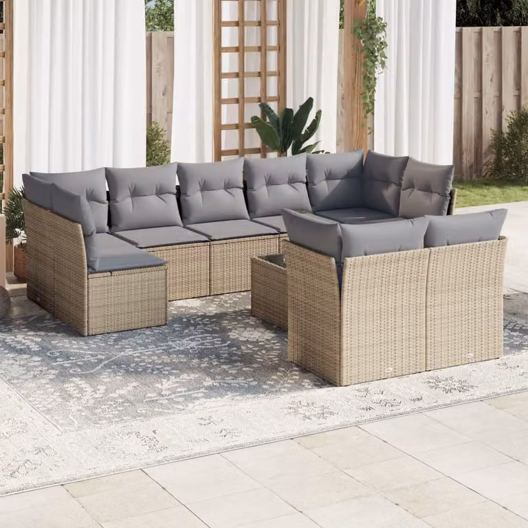 vidaXL Set Divano da Giardino 10 pz Moderno con Cuscini Beige e Tavolino in Vetro