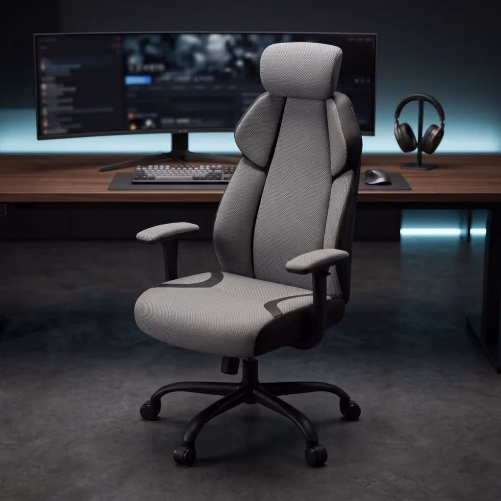 Sedia da Gaming Frankystar Grigia con Braccioli e Poggiatesta in Tessuto e Finta Pelle, Girevole 360° e Regolabile – 2