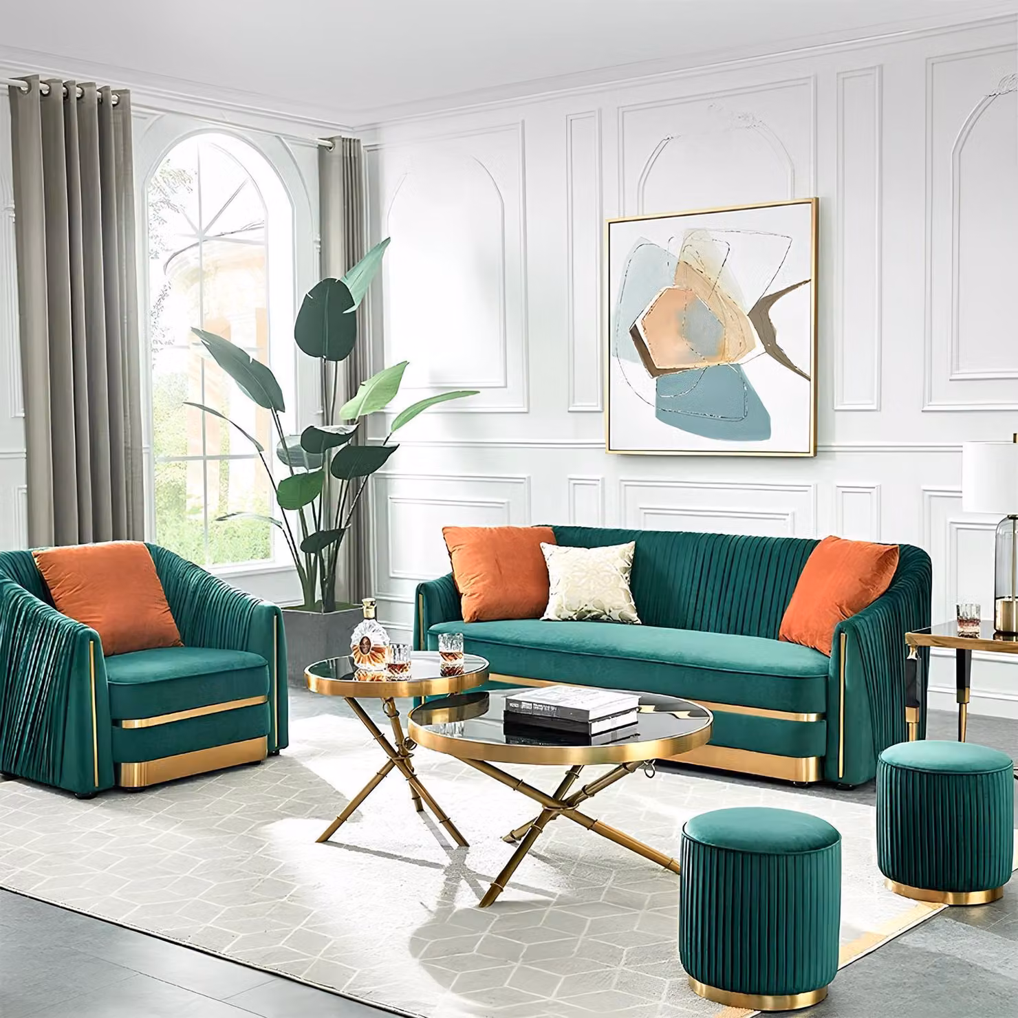 Designer Couch Polster Sitz Garnitur Sofa Garnituren Samt 3+2+2 Sitzer Hocker