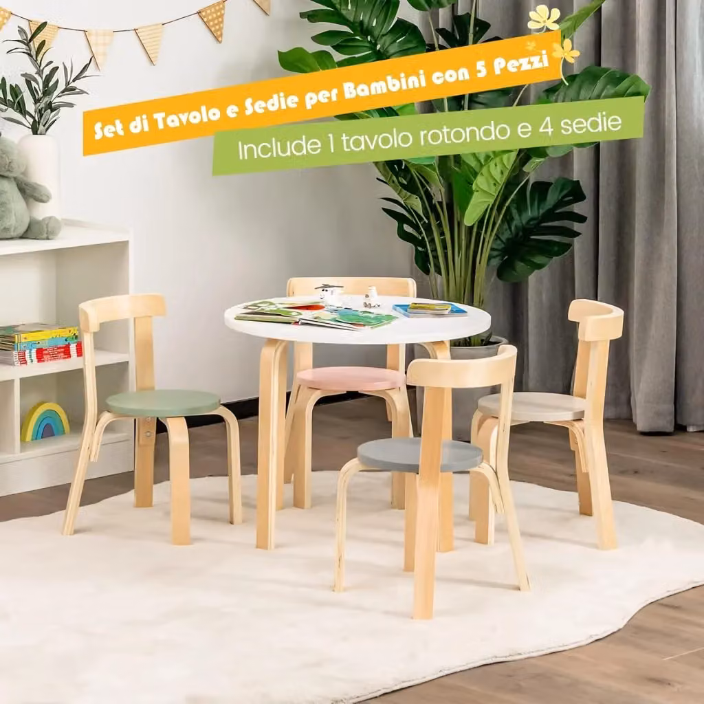 Set Tavolo e 4 Sedie per Bambini Costway in Legno Multicolore con Tavolo Rotondo e Schienale Curvo – 2