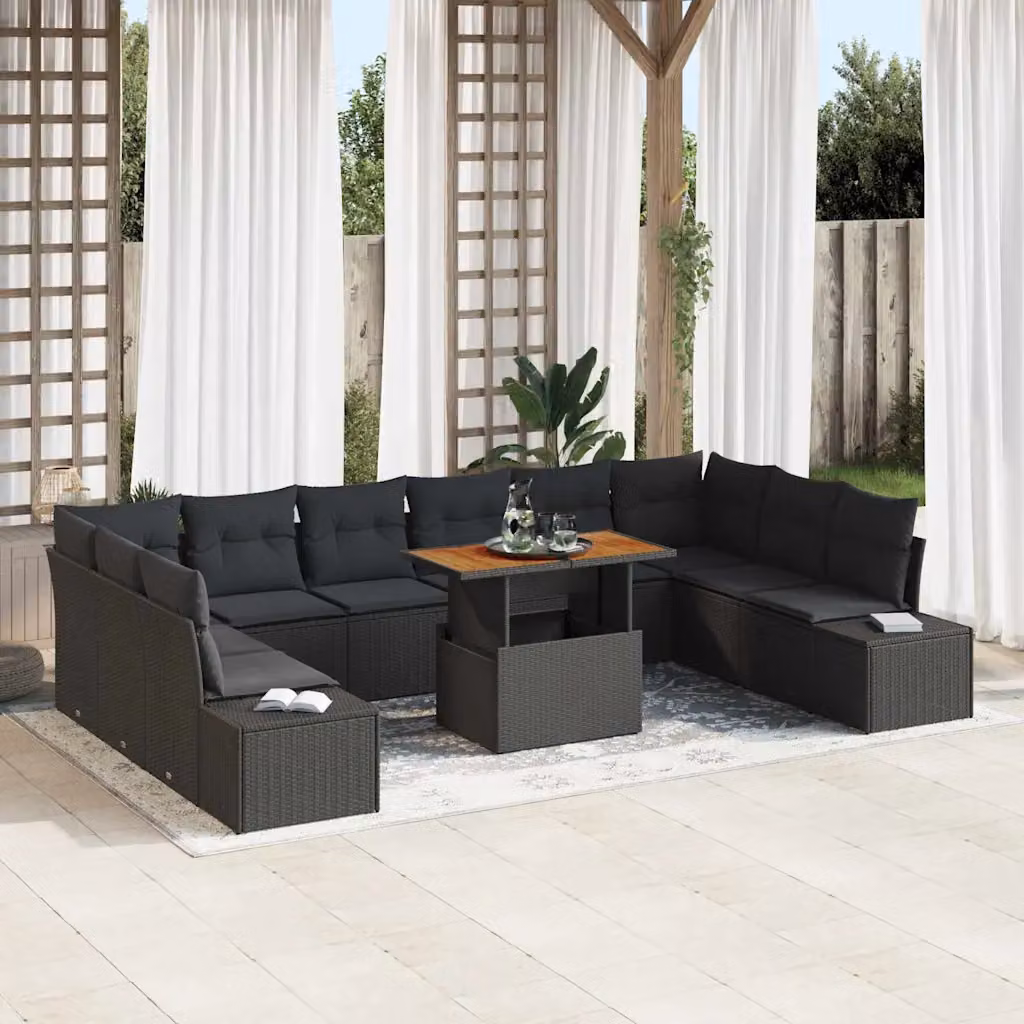 Set Divano da Giardino vidaXL a forma a U in Polyrattan con Cuscini e Tavolino, 11 Pezzi, Nero e Marrone – 1