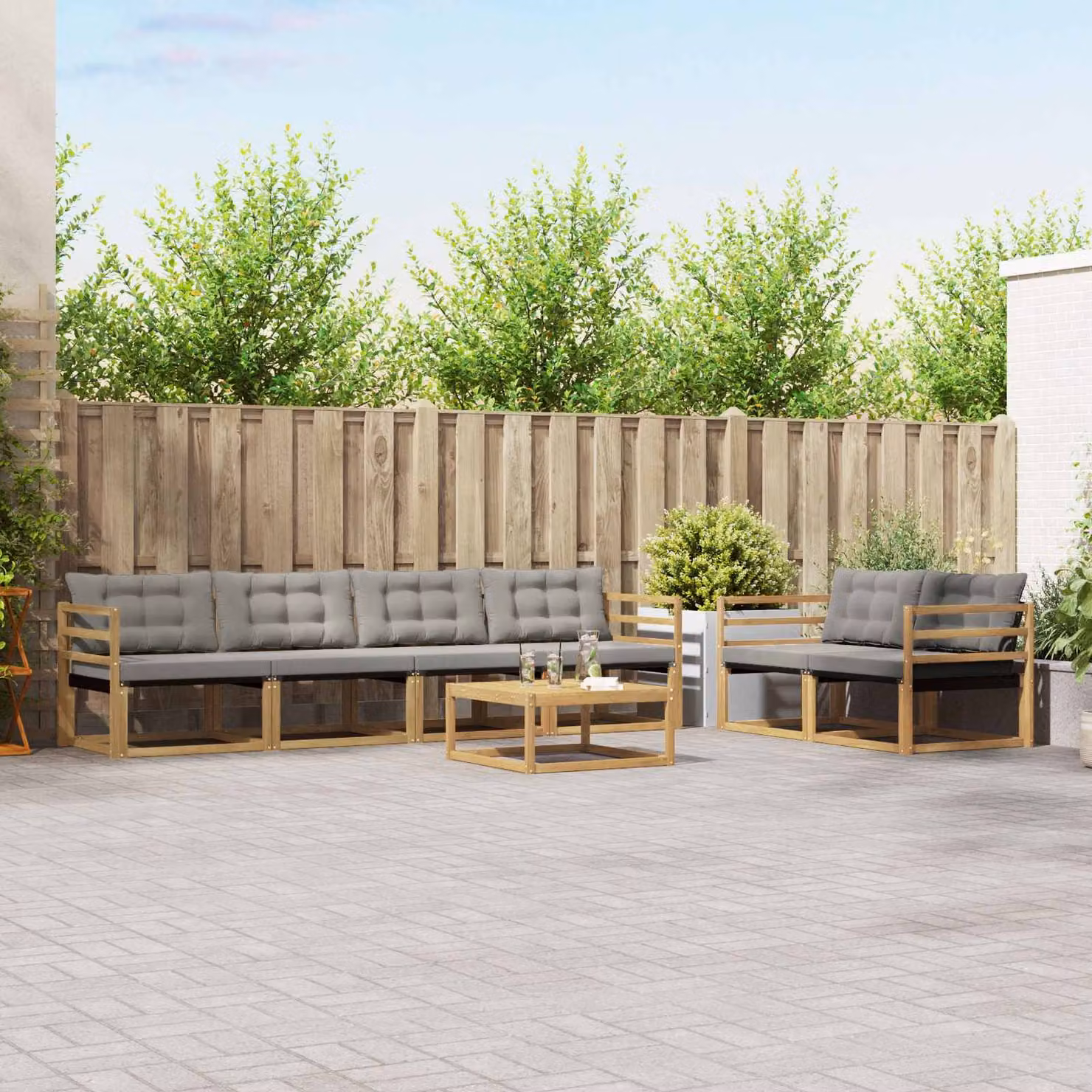 Set di divani da esterno vidaXL 7 pz in legno di acacia con tavolino e cuscini, Bianco e Grigio