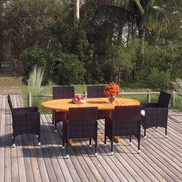 Set da giardino vidaXL composto da 7 pezzi in legno di acacia oliato e rattan nero e bianco