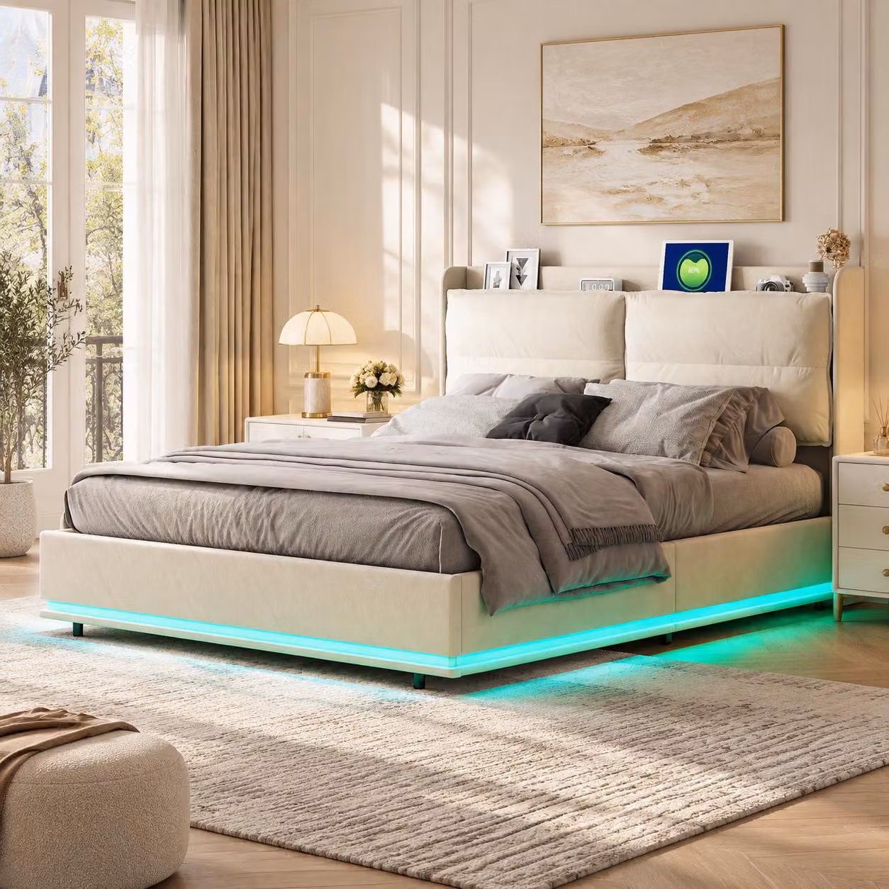 Letto imbottito INONEFT, 160x200 cm, con illuminazione LED, letto per ragazzi con testiera contenitore e ricarica wireless, letto con sistema di sollevamento idraulico, rivestito in velluto color beige