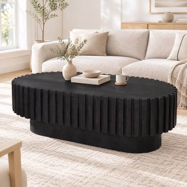 Tavolino ovale per soggiorno con cassetto, tavolino da caffè con frontale decorativo a listelli, tavolino moderno, colore nero
