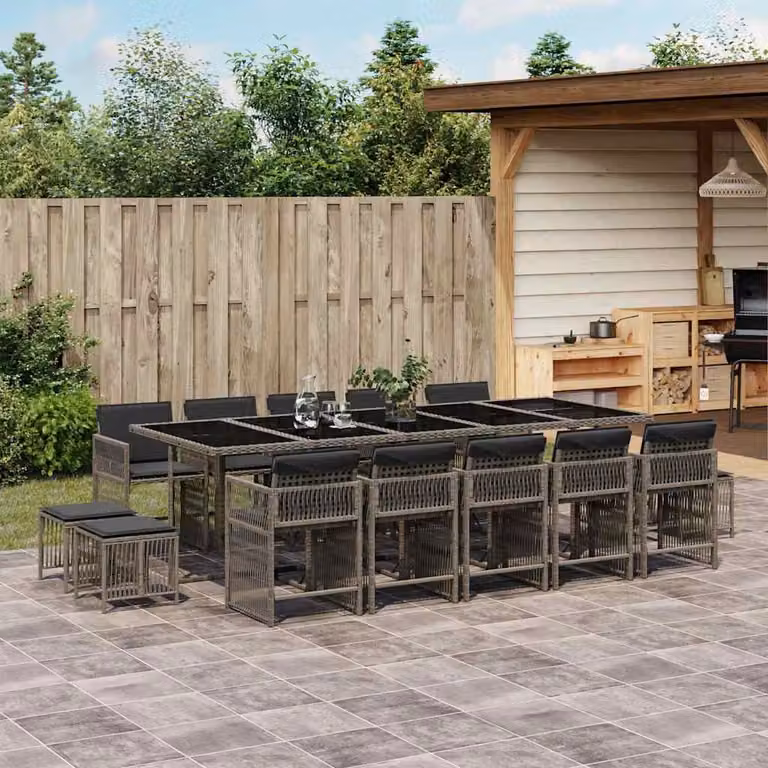 vidaXL Set da Pranzo da Giardino 15 pz in Polyrattan Grigio con Cuscini e Tavolo in Vetro