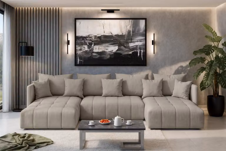 AX LIVING Divano a U marrone chiaro con funzione letto Veliro U, 353 cm