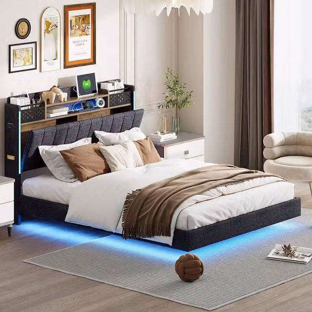 Letto matrimoniale - Xylo - 140x200 cm - Grigio - Luci LED e vano di archiviazione