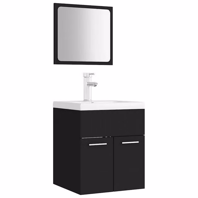 Set Mobili da Bagno Moderno Design In con Mobile Lavabo e Armadietto Specchio Nero e Bianco