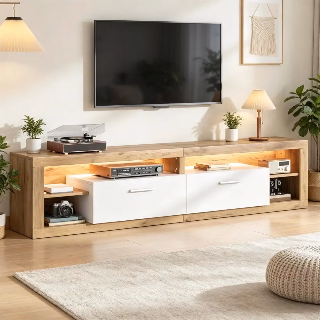 Mobile TV Mivray con illuminazione LED controllabile tramite app, colore beige, con 2 cassetti e 4 vani aperti, L: 180 cm, P: 35.5 cm, H: 50 cm – 2