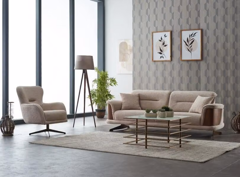 Polstersofa Couchgarnitur Dreisitzer Sessel Beige Couch Stoffsofa 2tlg