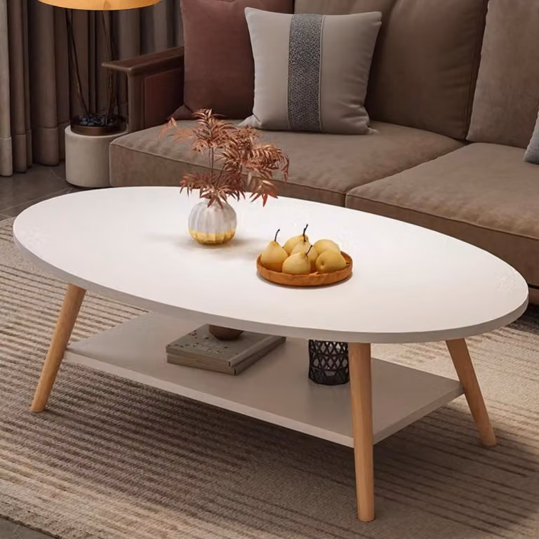 Tavolino da divano ovale, bianco, in legno di pino, a doppio strato, dimensioni 100x50x40 cm