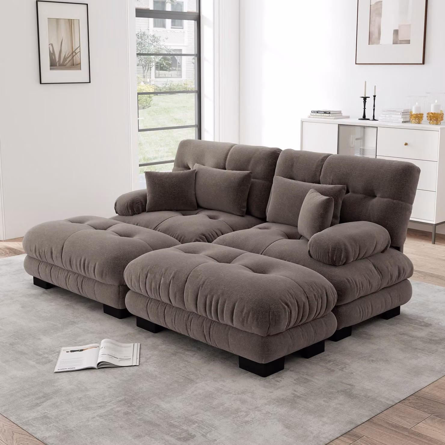 Divano angolare imbottito, tessuto in chenille, 2 cuscini lombari, 2 cuscini decorativi, braccioli ampi, 2 poggiapiedi (marrone)