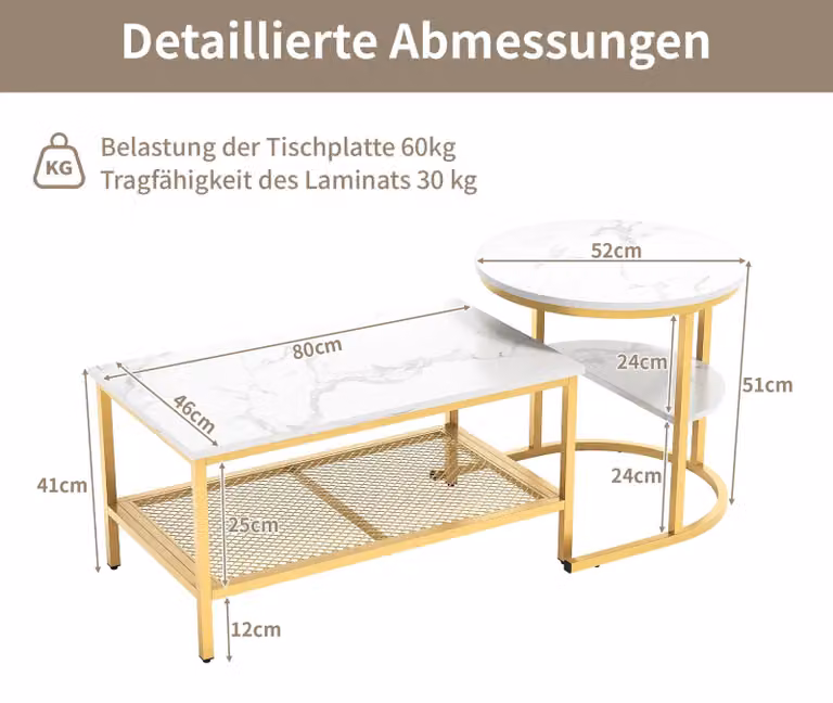 Set di 2 tavolini da caffè - Tavolini rotondi - Aspetto marmo - Struttura in metallo dorato - 80 x 46 x 41 cm + 52 x 52 x 51 cm - Stile moderno e minimalista