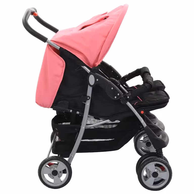 Passeggino Gemellare DESIGN IN Rosa e Nero in Acciaio e Tessuto con Ruote Pivotanti e Chiusura Monomaniglia