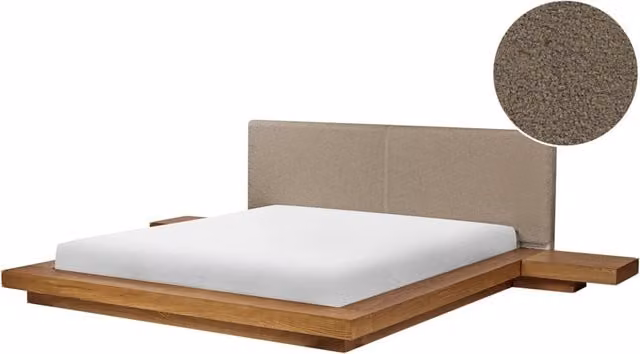 Letto matrimoniale BELIANI in stile giapponese in frassino naturale e bouclé tortora L/P/H: 200 x 180 x 35 cm