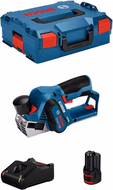 Pialletto Bosch GHO 12V-20 Blu con batteria da 3,0 Ah, caricabatterie GAL12V-40 e L-Boxx 136 – 1