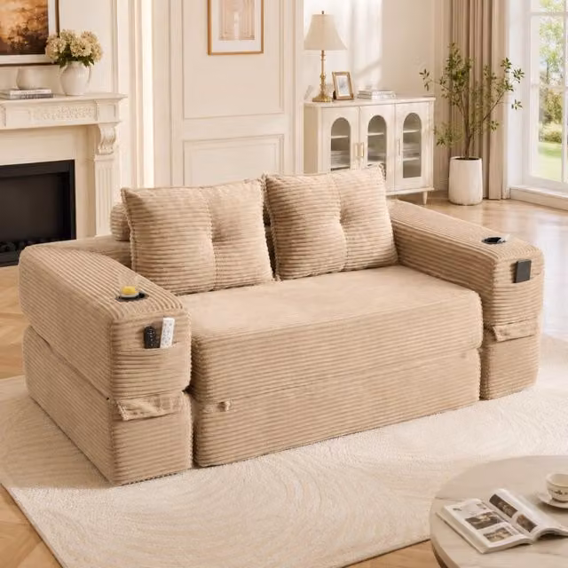 Divano letto modulare in tessuto corduroy con cuscini memory, tasche laterali e portabicchieri, khaki