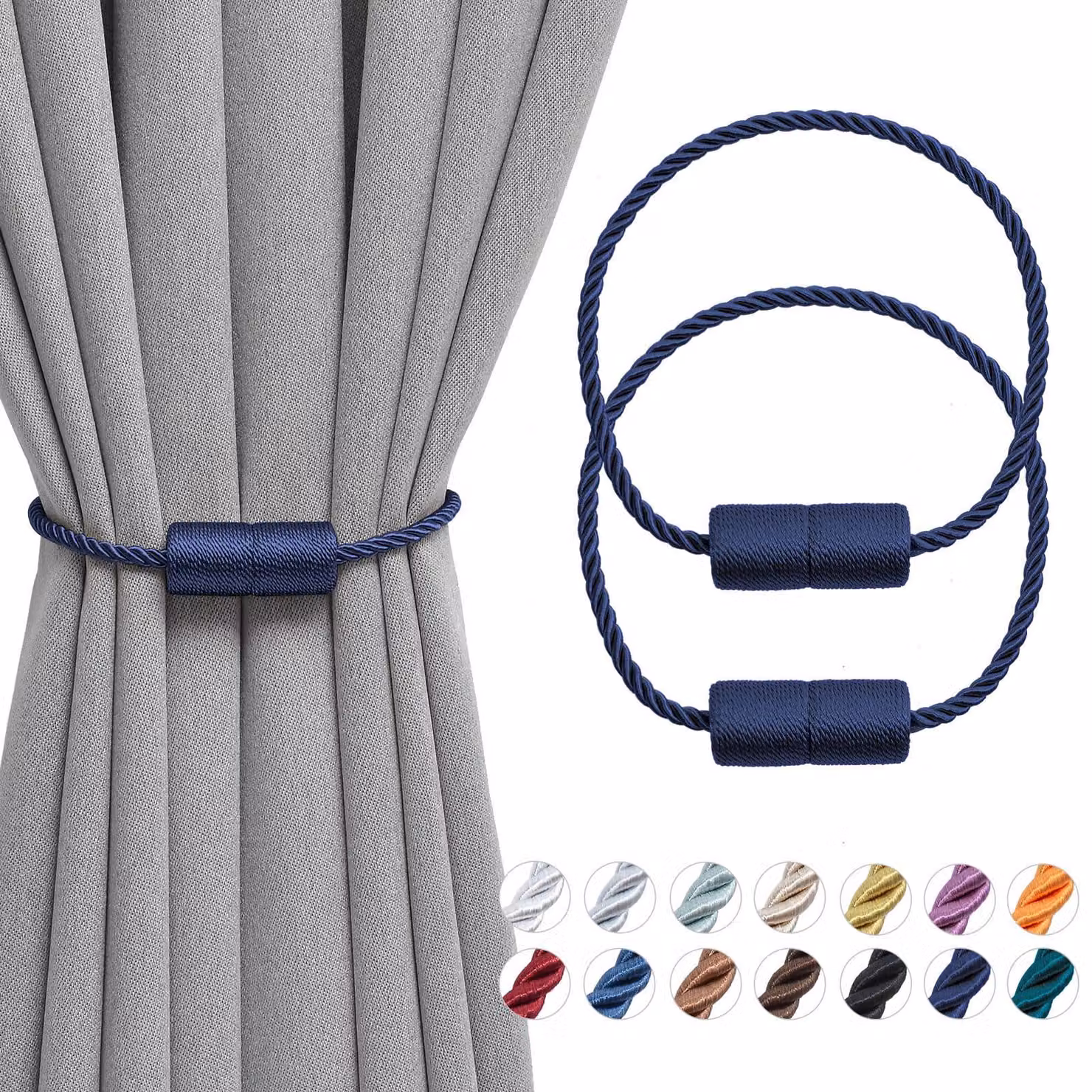 Supporti magnetici per tende, 2 pezzi, 40,6 cm, corda, blu scuro