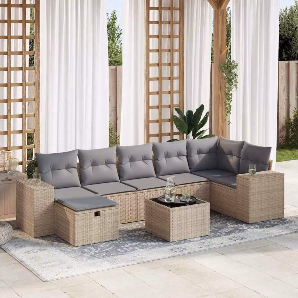 Set Divano da Giardino vidaXL 8 pz a L con Cuscini Beige e Tavolino in Polyrattan e Metallo