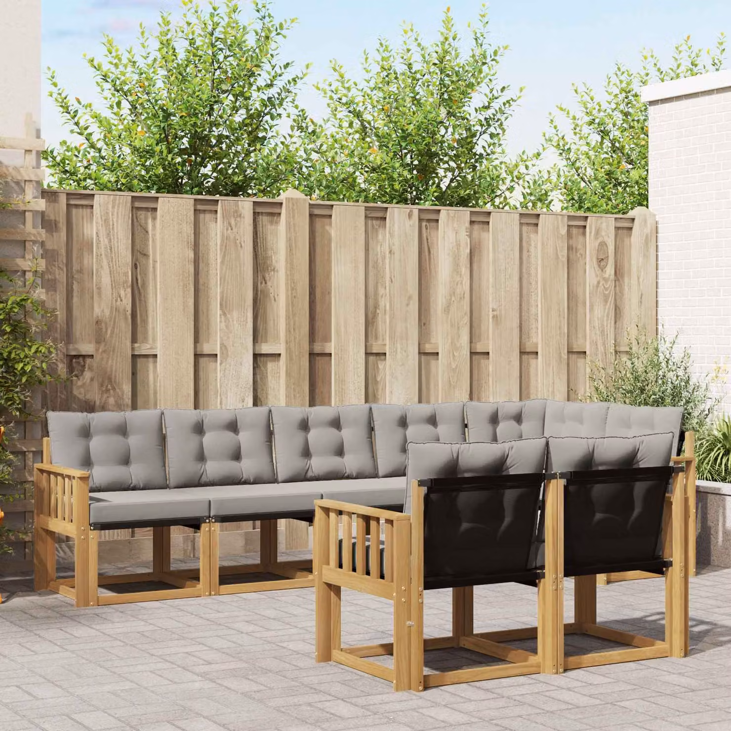 Set di divani da esterno vidaXL a forma di L composto da 8 pezzi in legno di acacia e tessuto textilene, colore bianco e grigio con cuscini inclusi