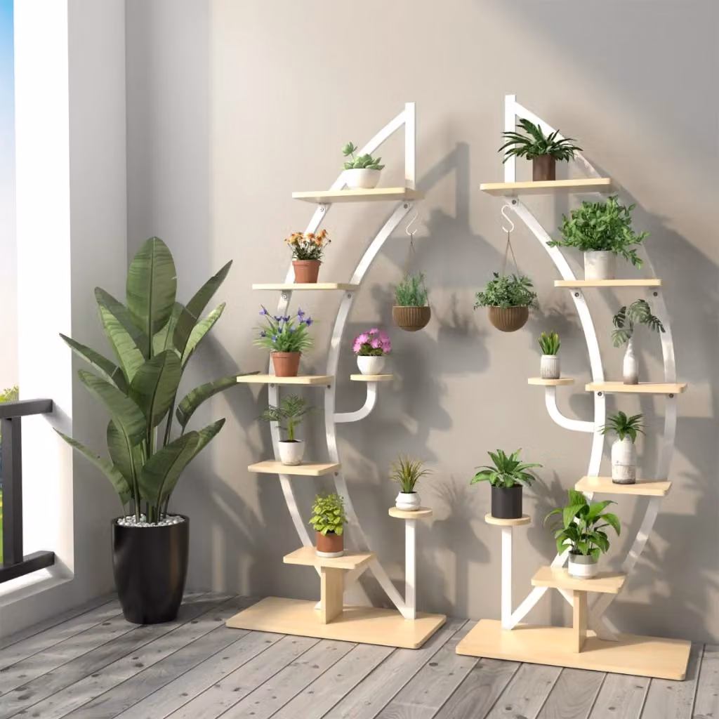 Set di 2 scaffali per piante a 7 livelli in metallo e MDF con design a mezza luna curva e gancio superiore, colore bianco – 2