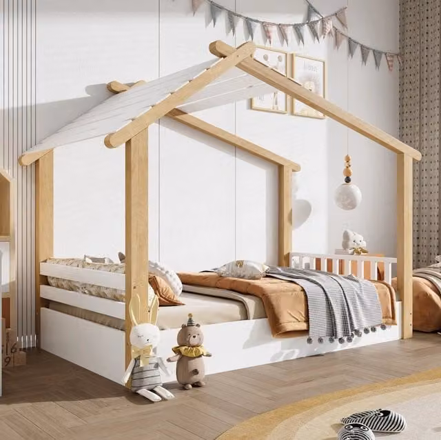 Letto per bambini a casetta 90x190 cm; bianco e naturale; in legno e MDF