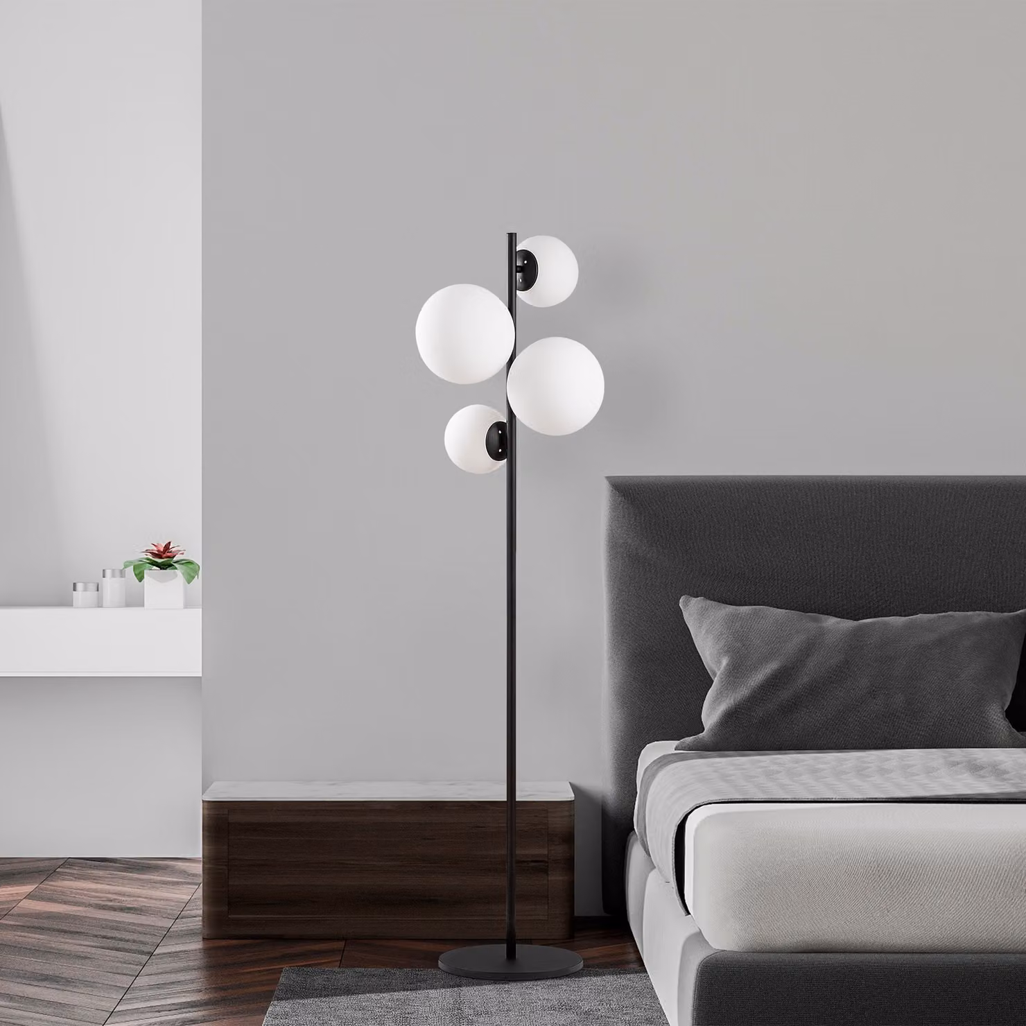 Opviq, moderna lampada da terra con struttura in metallo, bianco e nero, 33 x 33 x 162 cm | 4 attacchi E14, max. 40 W | 2 paralumi in vetro (20 cm e 15 cm) | Design elegante per hotel e abitazioni.