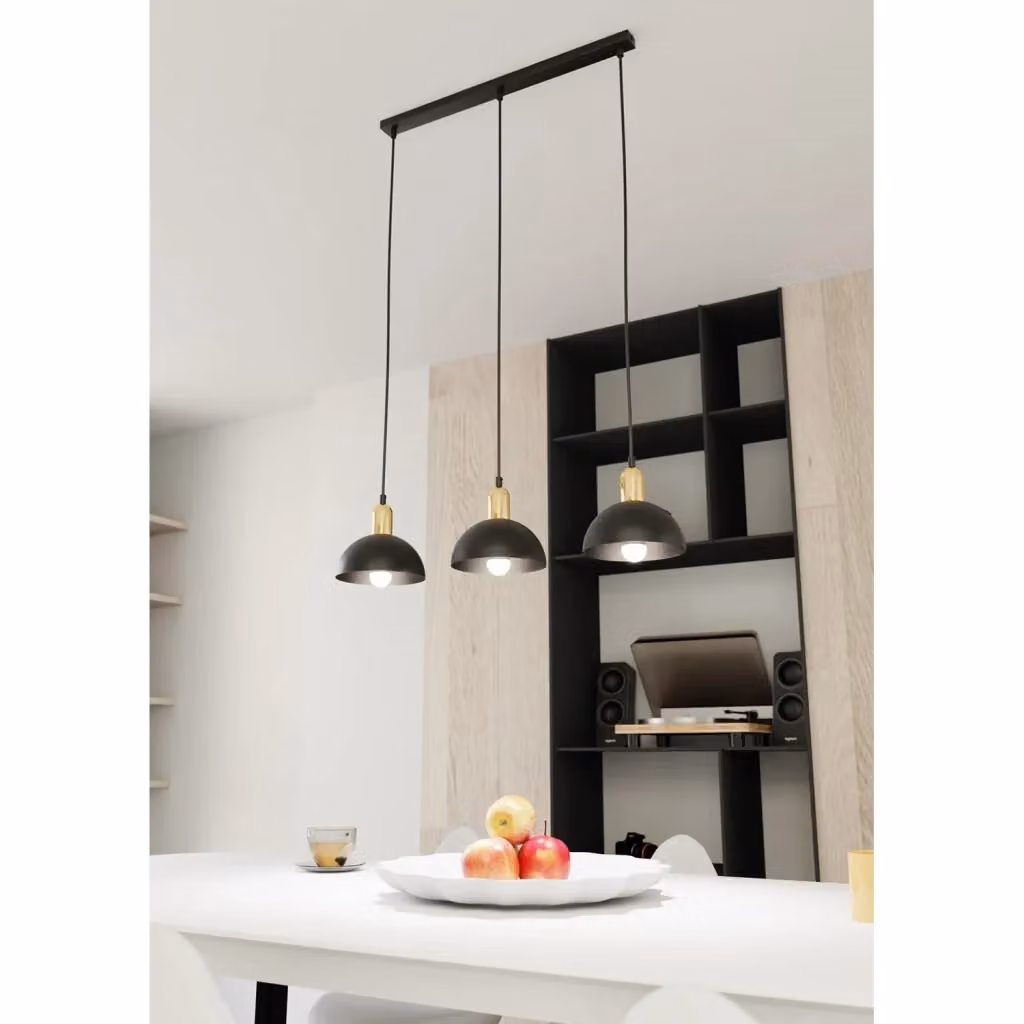 Lampadario a sospensione Luceart-Classic con 3 luci a cupola in acciaio inossidabile nero e oro – 2