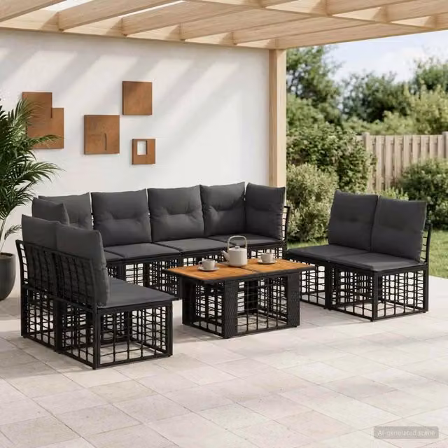 Set Divano da Giardino 9 pz vidaXL in Polyrattan Nero e Grigio con Cuscini e Tavolino da Esterno